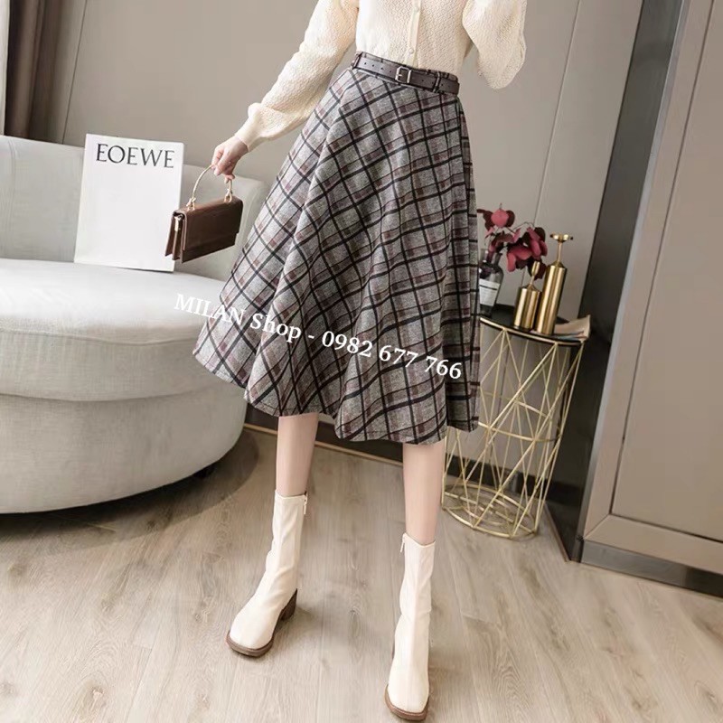 Chân váy dạ kẻ kèm đai dáng dài xoè A | BigBuy360 - bigbuy360.vn