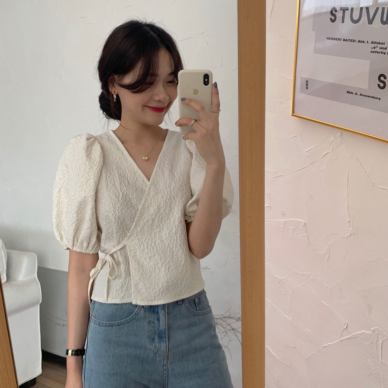 Áo Ngắn Tay Phồng Phối Ren Phong Cách Hàn Quốc Thời Trang Cho Nữ