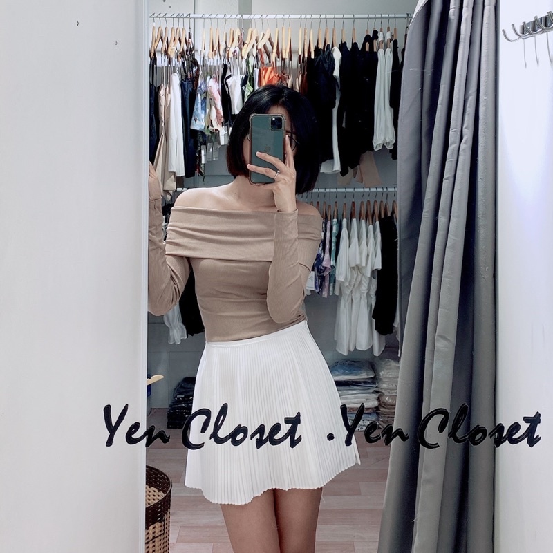 Hình thật - Áo trễ vai tay dài xinh xắn, co giãn