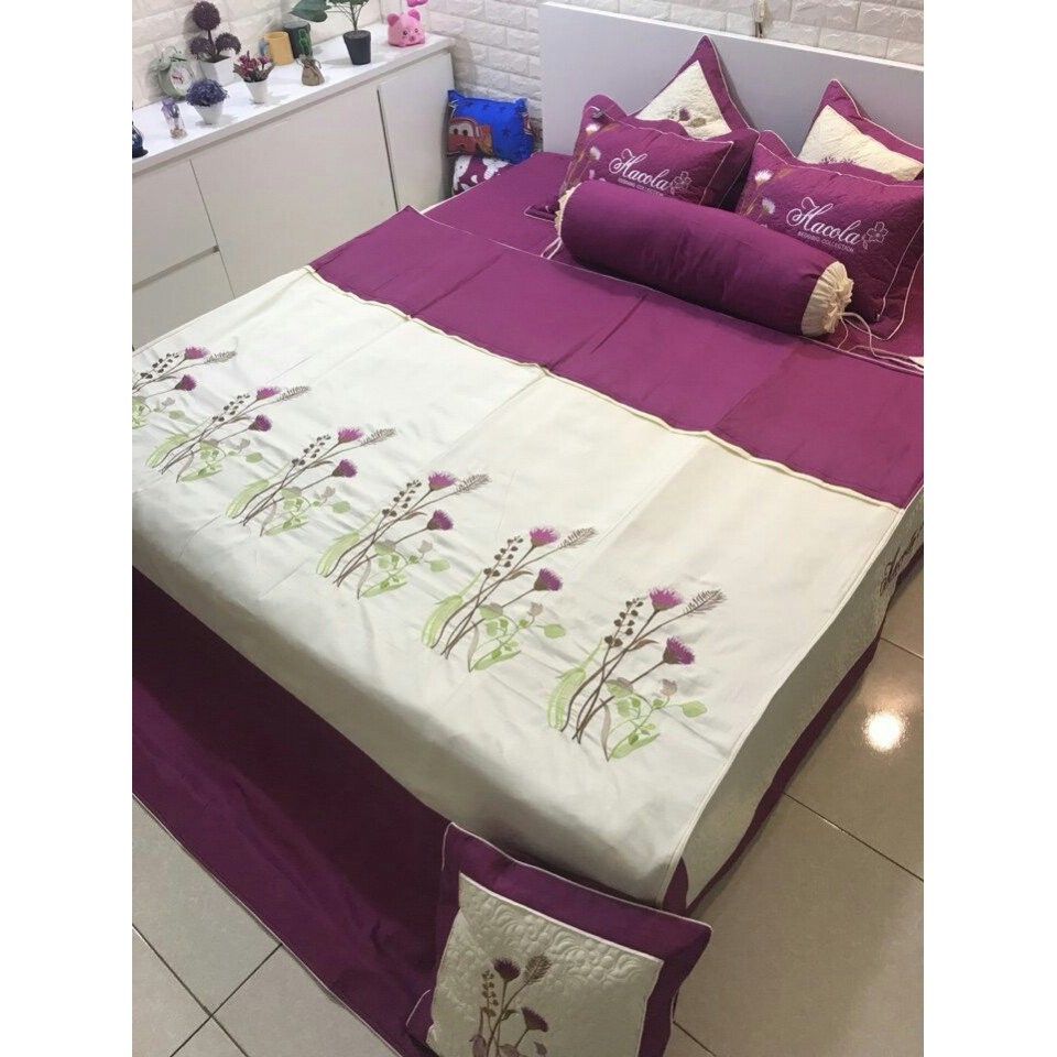 Set chăn ga gối satin chần thêu đẹp 7 món