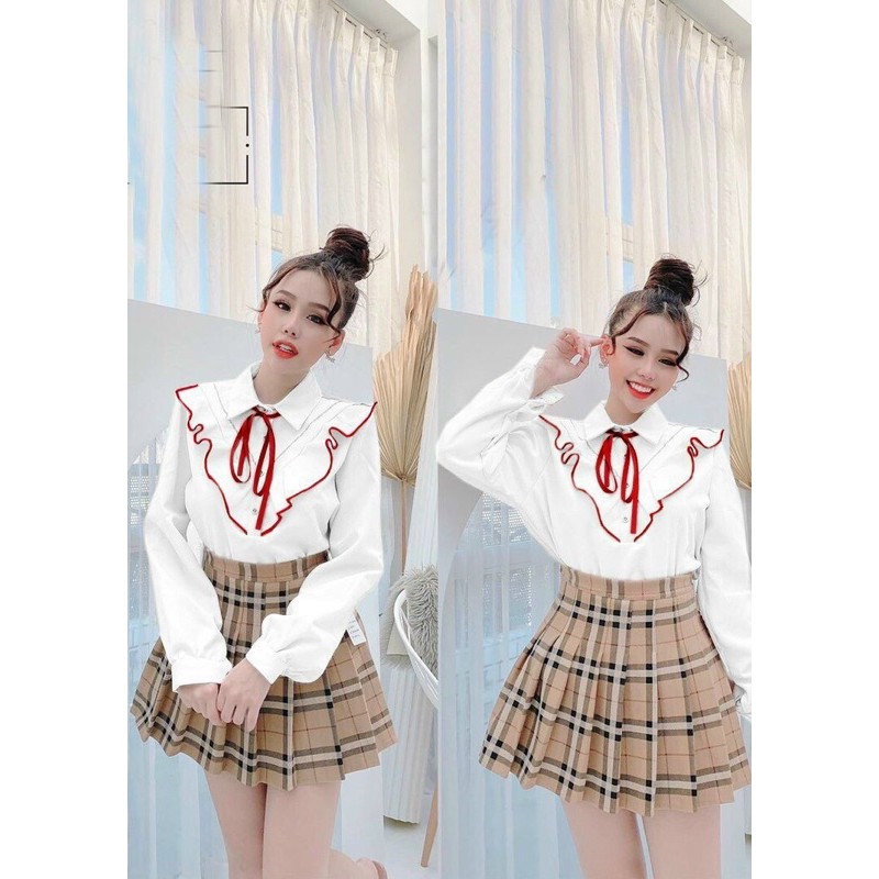 SET ÁO SƠ MI tay dài+ Chân váy xếp li BIGSIZE 60-90kg (có size, ẢNH THẬT BIGSIZE)