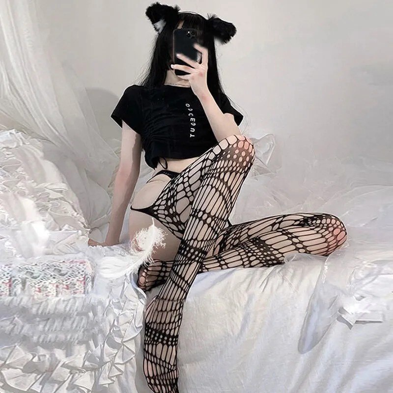 Quần Tất Lưới Rỗng Thời Trang Harajuku Gothic Màu Đen Cho Nữ
