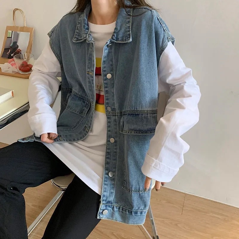 Áo Khoác Jeans Áo Gile Bò Unisex Không Tay Màu Xanh Và Đen Dáng Suông Cài Cúc Cổ Sơ Mi Chất Loại 1 Phong Cách Ulzzang