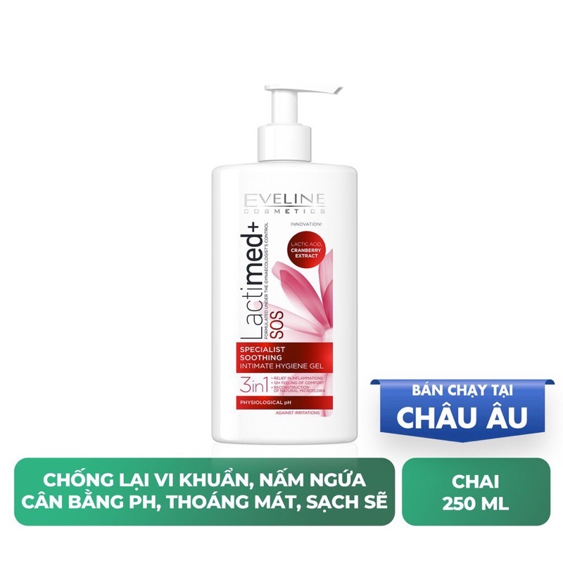 Gel vệ sinh phụ nữ Lactimed + SOS Eveline tăng bảo vệ chống khuẩn, nấm, giảm viêm, huyết trắng (Nhập khẩu Balan) 250ml
