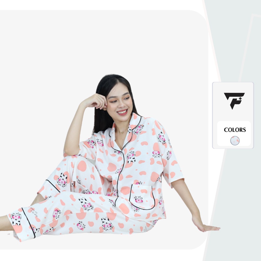 Pijama lụa mặc nhà nữ bò sữa quần dài cánh dơi form rộng thời trang cao cấp FPLUS 282