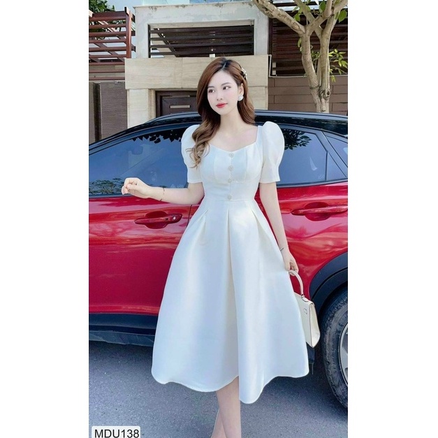 Đầm váy nữ xòe đính cườm cổ ( có mút ) màu trắng tinh khôi tôn dáng trẻ trung sang trọng thanh lịch siêu xinh