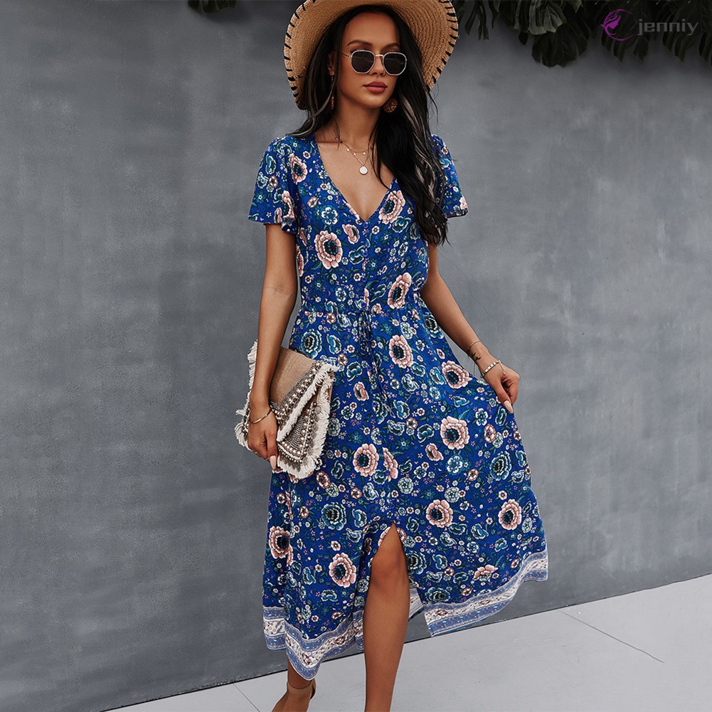 Đầm Dài Tay Ngắn Cổ Chữ V In Họa Tiết Hoa Thời Trang Mùa Hè Cho Nữ | BigBuy360 - bigbuy360.vn