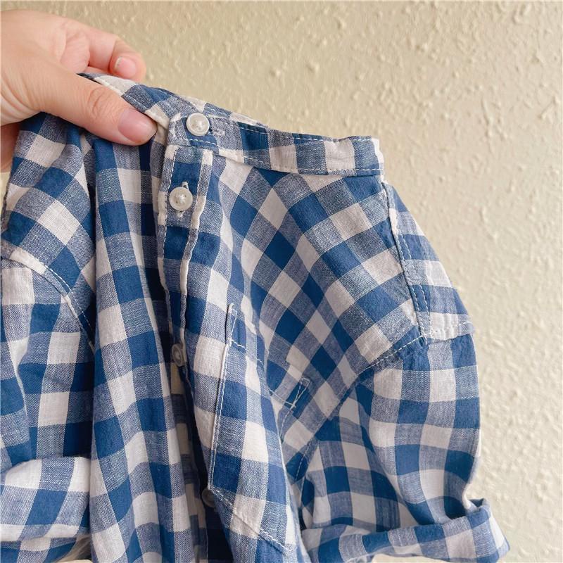 Áo Sơ Mi Cotton Cổ Đứng Tay Cộc Họa Tiết Kẻ Sọc Thời Trang Mùa Hè 2021 Cho Bé Trai Và Bé Gái