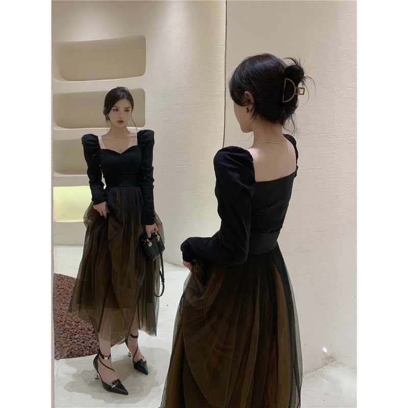áo thun tay dài cổ vuông + chân váy lưới dài lưng cao phong cách Trung Hoa mới cho nữ