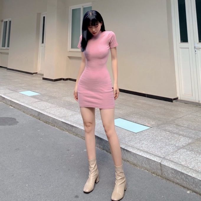 Đầm body thun ôm dáng TOPTIFY ngắn tay trơn khoét lưng co giãn tốt TD04 - Hàng mới về
