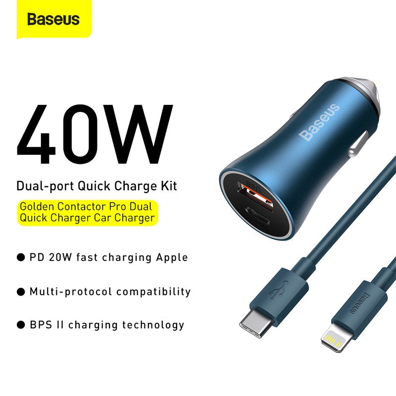 Tẩu sạc Baseus hai cổng U+C chuyên nghiệp với cáp Type-C sang điện thoại 11 12 13 (40W/1m)_TOPBUY24HMall
