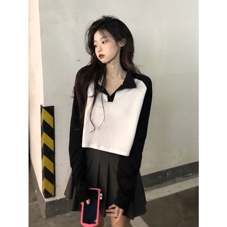 Jiashucheng Áo Thun Ngắn Tay Dài Dáng Rộng Màu Sắc Tương Phản Thời Trang Cho Nữ