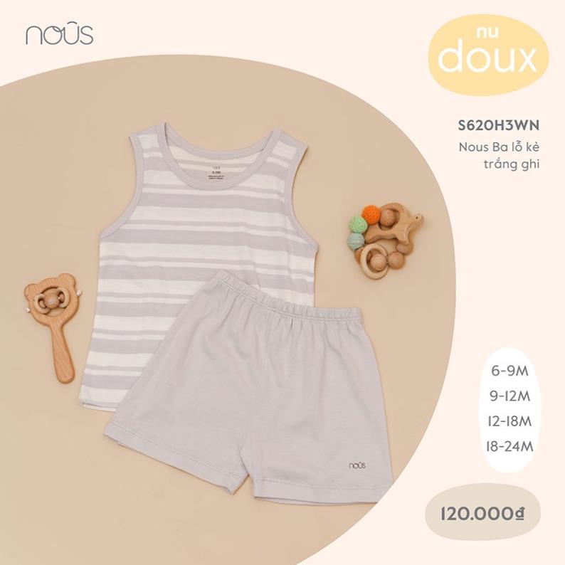 Bộ Quần Áo Ba Lỗ Cao cấp Nous Cho Bé Trai Bé Gái Màu Kẻ Xanh Trắng - Chất Liệu Nu Air (Size 6M-3Y)