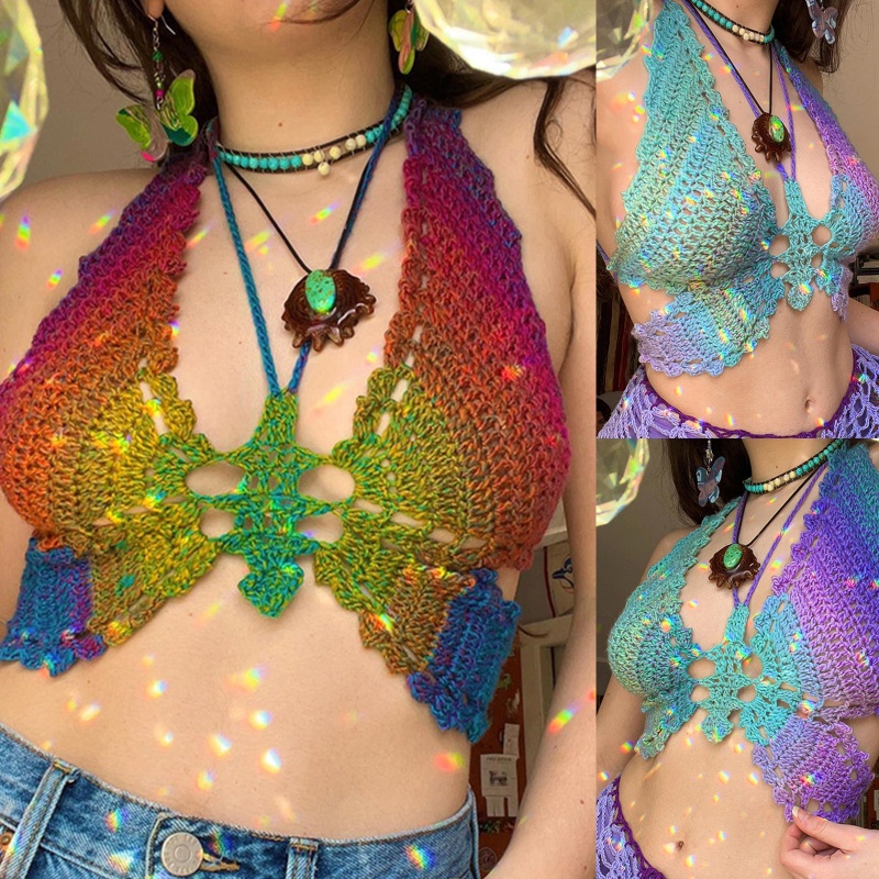 Áo Croptop Dệt Kim Họa Tiết Bướm Rỗng Thời Trang Quyến Rũ Cho Nữ