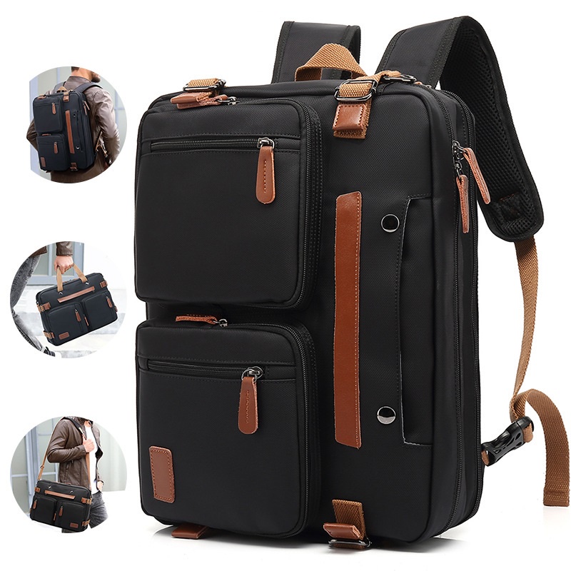 Ba lô kết hợp túi xách vải canvas phối da bò thật BP401LEA (Đen)
