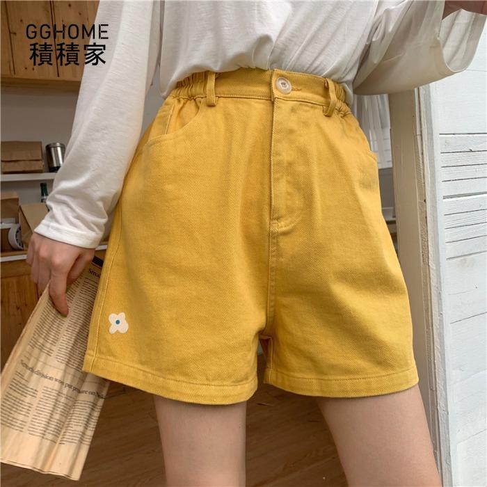 Quần Short Denim Lưng Cao Ống Rộng Họa Tiết Hoa Phong Cách Hàn Quốc