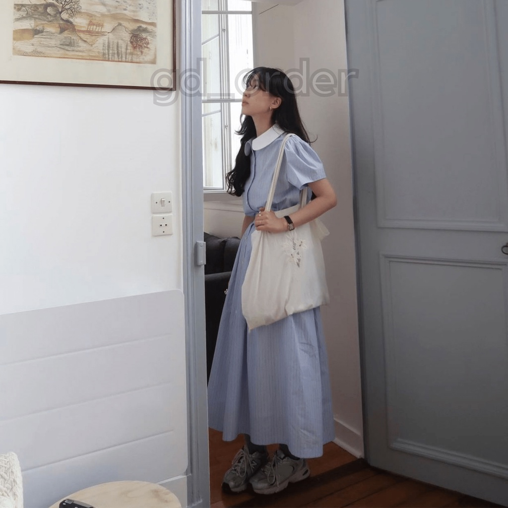 B32|Set bộ kẻ sơ mi tiểu thư mùa hè đơn giản ngắn tay kèm chân váy dài gd_order