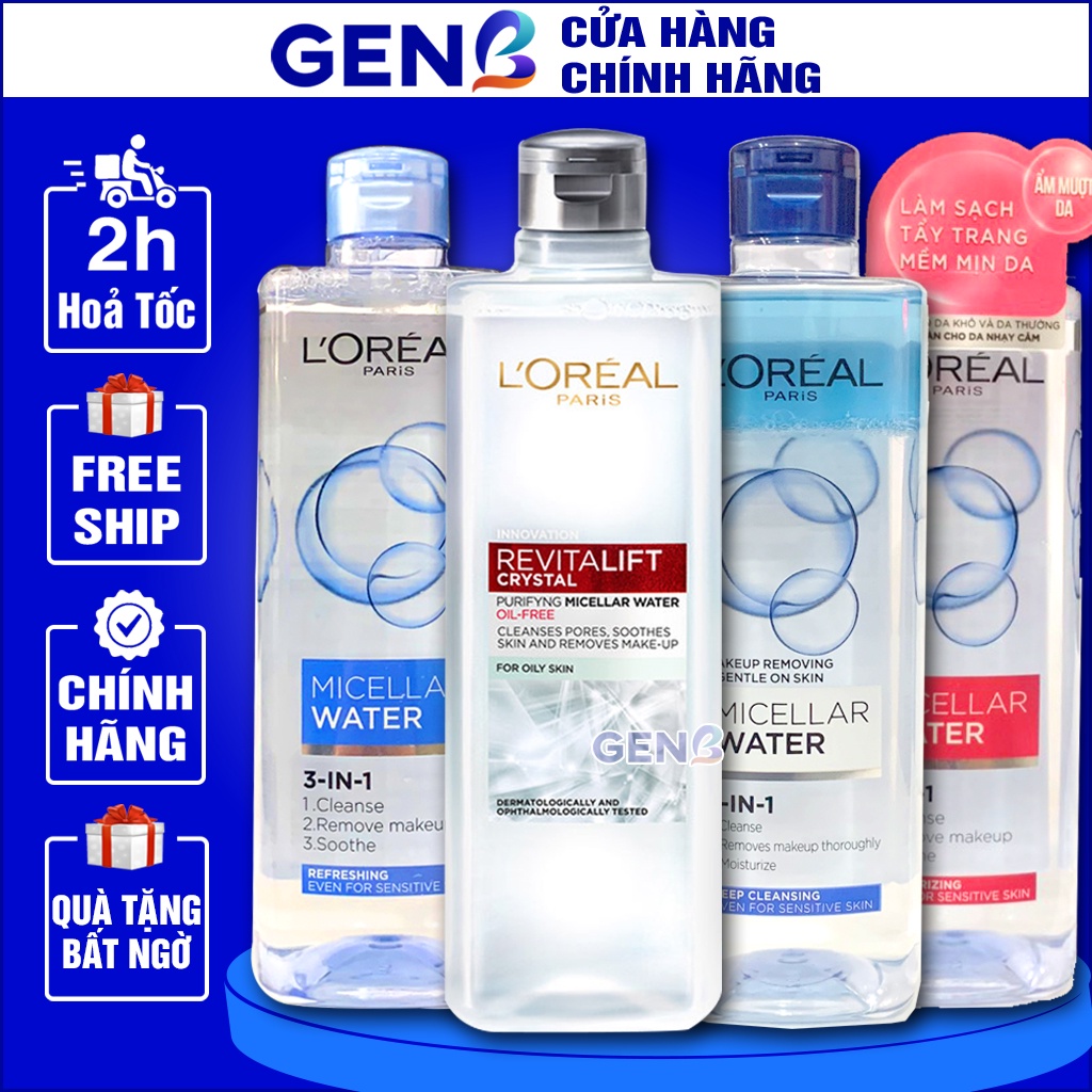 Tẩy Trang L oreal CHÍNH HÃNG - Nước Tẩy Trang Loreal 400ml Cho Da Dầu, Da Nhạy Cảm, Da Khô - Mỹ Phẩm GENB