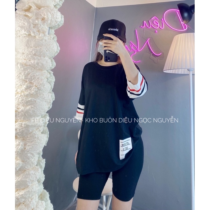 Áo phông Thom nam nữ viền tay sọc họa tiết đen đỏ MOSSSHOP - Áo thun tay lỡ unisex sọc tay quốc dân đi học đi chơi