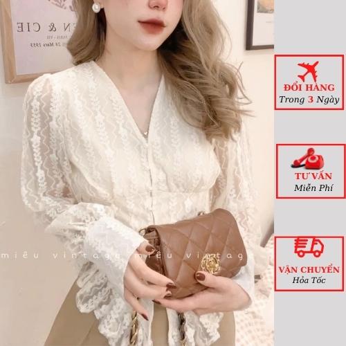 Áo sơ mi ren vạt nữ viền bèo vintage tay bồng tiểu thư bánh bèo ulzzang Hàn Quốc