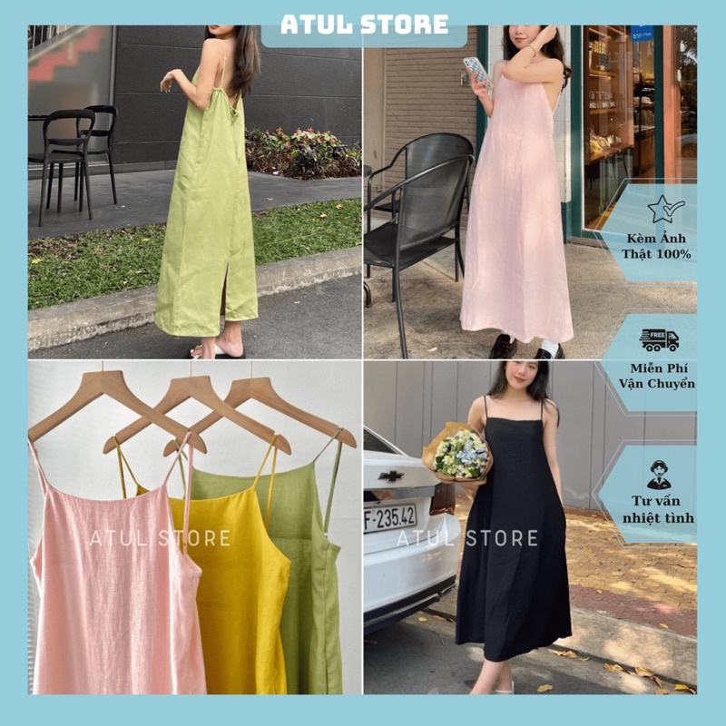 Đầm Suông Hai Dây, Đầm Cổ Yếm Hở Lưng Dáng Dài Tà Xẻ Dây Rút Cột Nơ Quyến Rũ Có Mút Ngực - Sala Dress