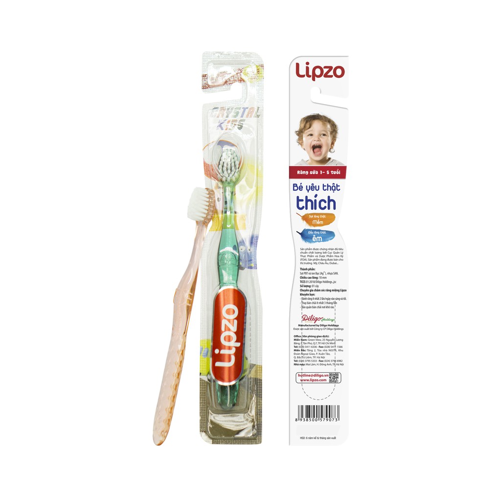 Combo 03 Bàn Chải Đánh Răng Lipzo Crystal Kids Lông Chỉ Tơ Nha Khoa Kháng Khuẩn Dành Cho Trẻ Em Từ 2 - 5 Tuổi