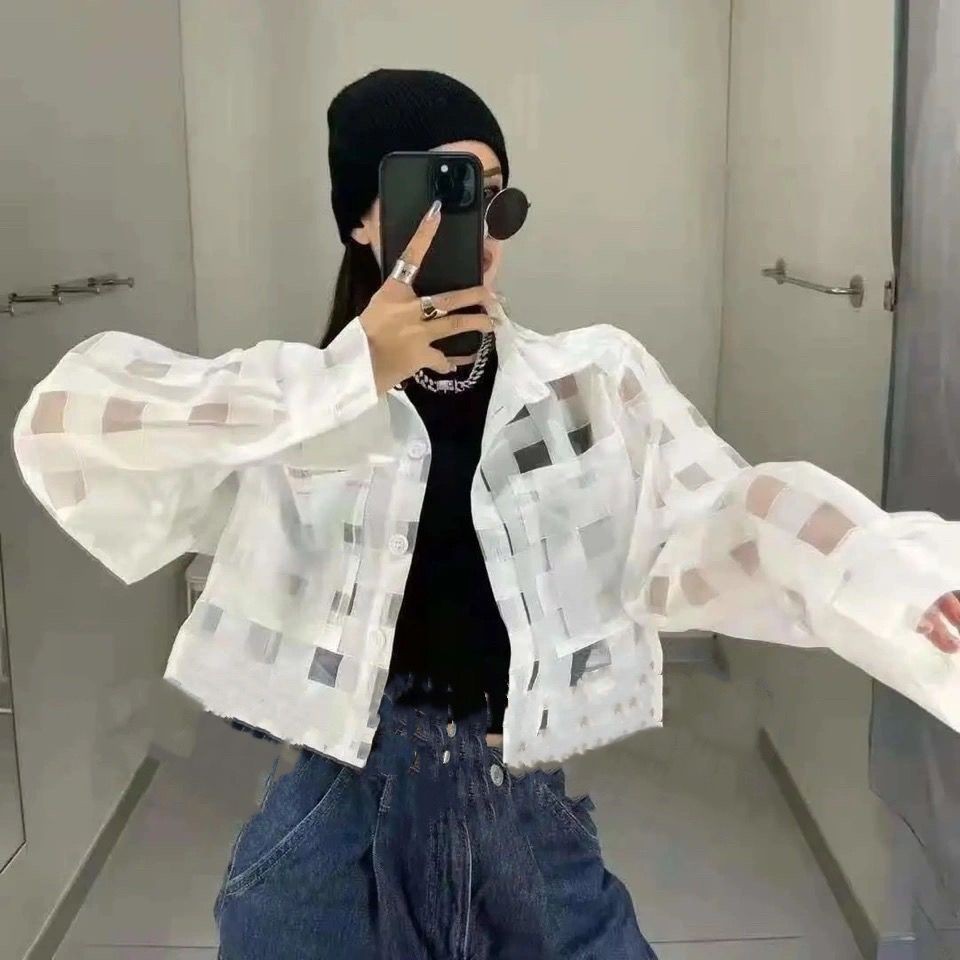 Áo khoác sơ mi caro tay dài thời trang cho nữ