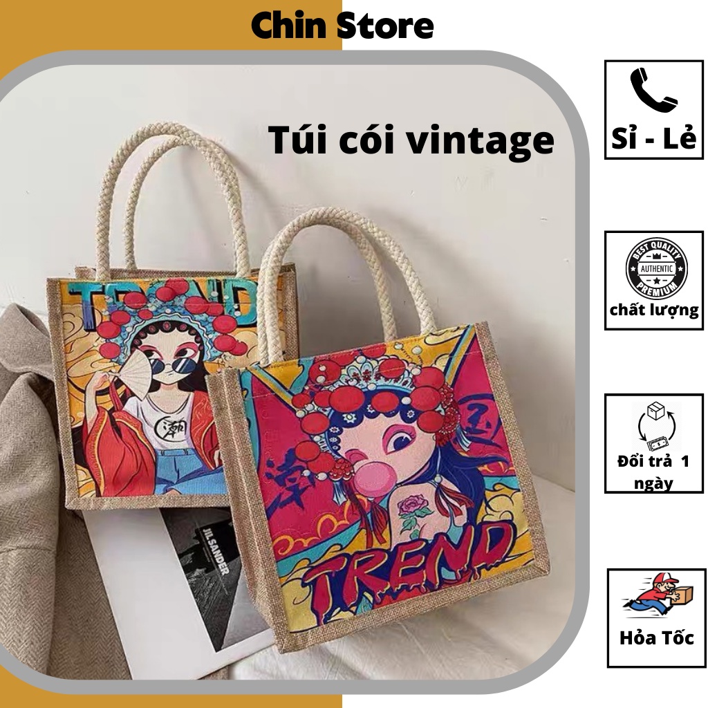 Túi cói vintage trendy ,  mini văn phòng vải bố in hình chìm, có khóa zip cao cấp nhiều mẫu