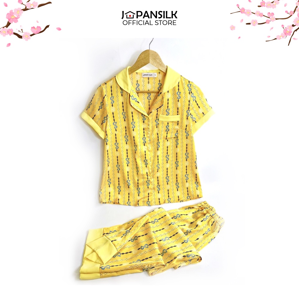 Bộ Đồ Ngủ Pijama Lụa Nhật Cao Cấp JAPAN SILK, ngắn tay quần dài xoắc dọc màu vàng nổi bật CD082