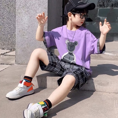 Bộ đồ bé trai CON XINH cotton phối quần caro Gấu nhồi bông,set quần đùi áo thun cho trẻ em từ 4 đến 10 tuổi