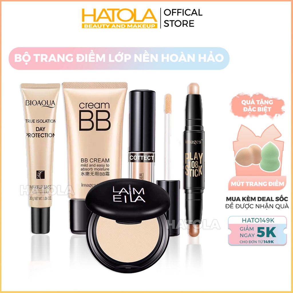 Bộ trang điểm nền đầy đủ makeup cơ bản gồm kèm lót, kem nền, kem che khuyết điểm, phấn phủ, phấn sáng highlight Hatola