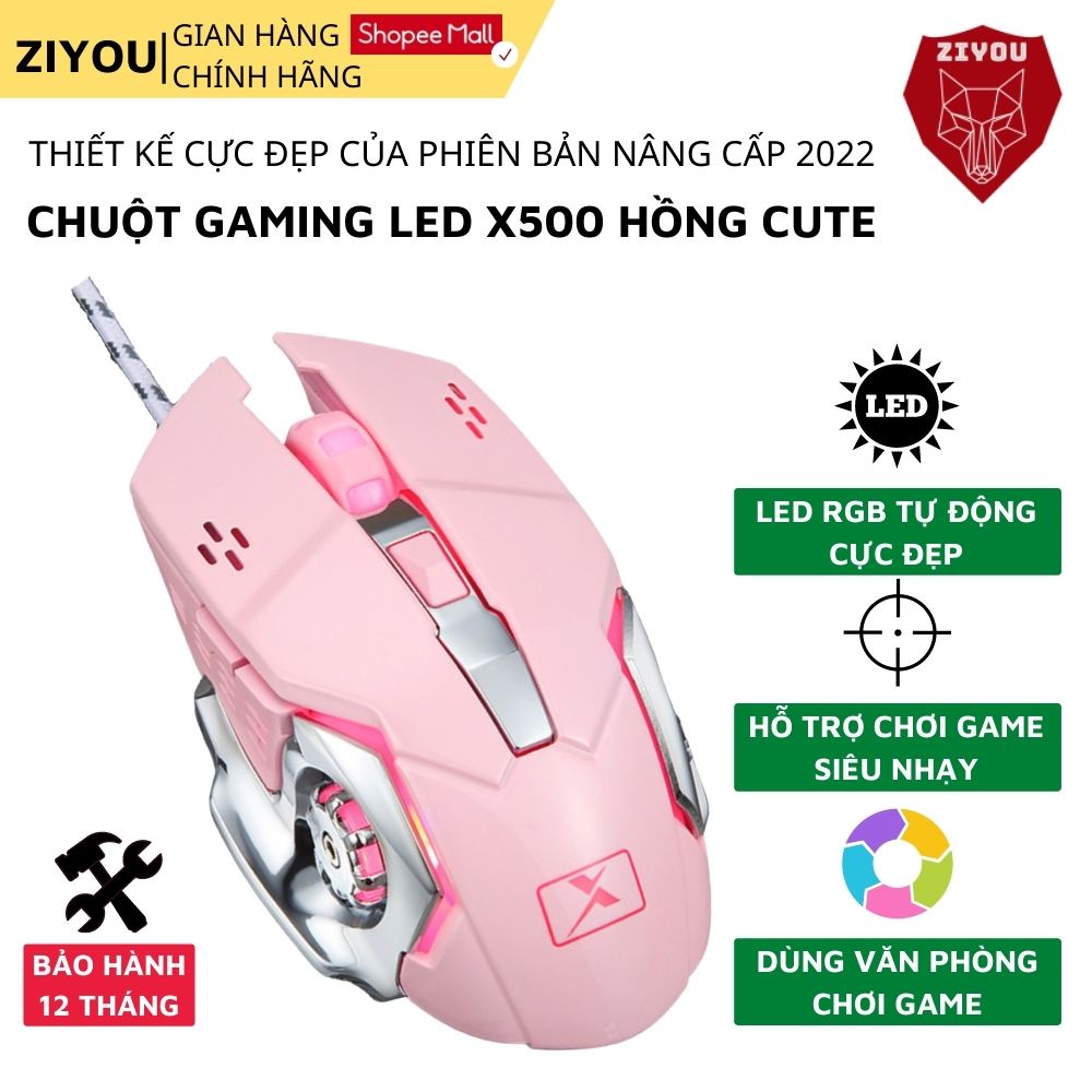 Chuột gaming có dây MÀU HỒNG ZIYOU X500 có led RGB đổi màu cực đẹp, thiết kế đặc biệt cho máy tính, PC, Laptop