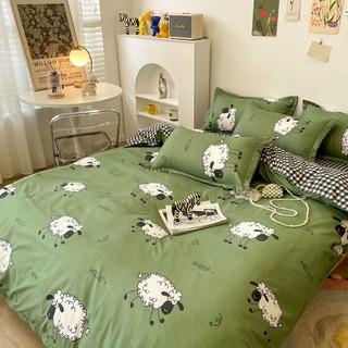 Bộ chăn ga gối cotton poly phong cách Hàn quốc đủ size bo chun - Mẫu cừu xanh