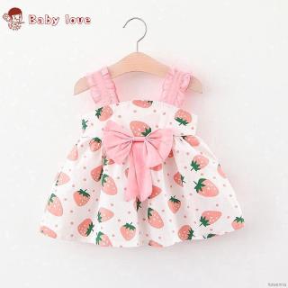 Đầm Công Chúa In Hình Dâu Tây Phối Nơ Xinh Xắn Kiểu Hàn Quốc