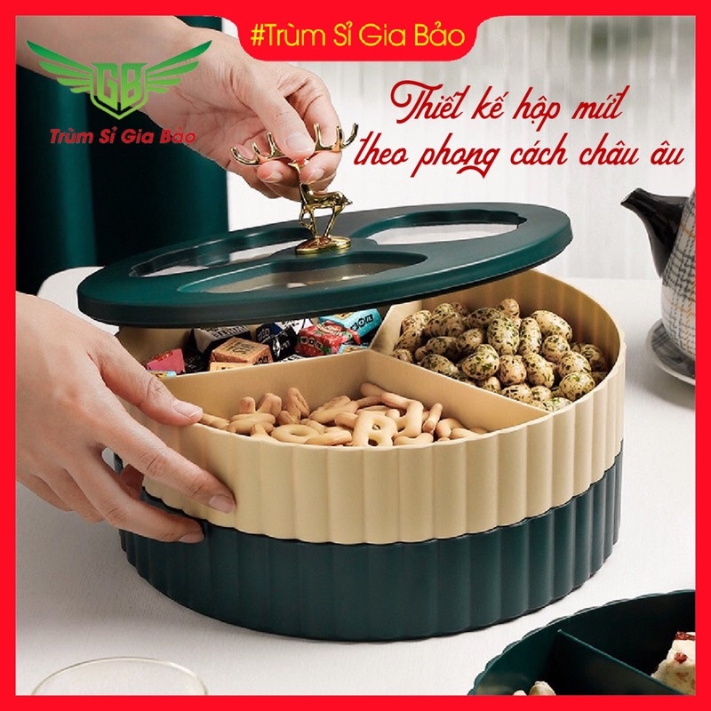 Khay đựng bánh kẹo Tết 2024 Giáp Thìn sang trọng, hộp để mứt Tết 2 tầng, hũ mức các loại hạt dưa, hướng dương hươu vàng