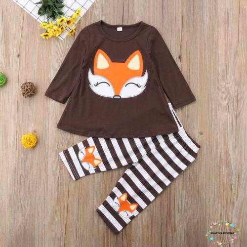 Set 2 món áo váy tay dài hình cáo + quần leggings kẻ sọc cho bé