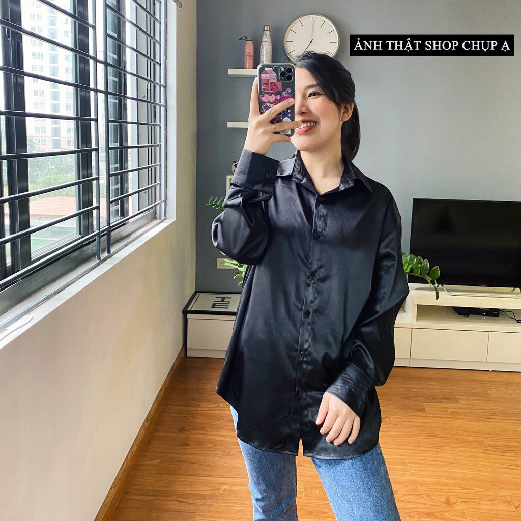 Áo Sơ Mi ⚡️𝐁𝐈𝐆𝐒𝐈𝐙𝐄⚡️ đen trơn dài tay basic chất liệu lụa bóng form dáng rộng | BigBuy360 - bigbuy360.vn