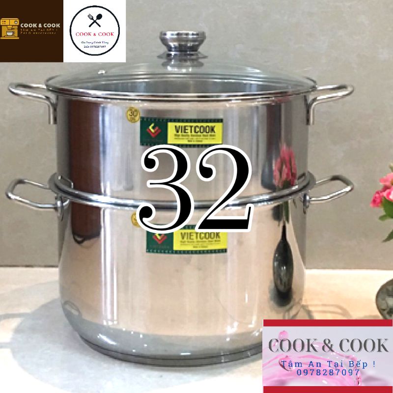 [CHÍNH HÃNG] Bộ xửng hấp inox size 32 cm Vietcook (nồi 15 lít) đáy từ, Chõ hấp, đồ xôi inox 6 đến 8 kg gạo