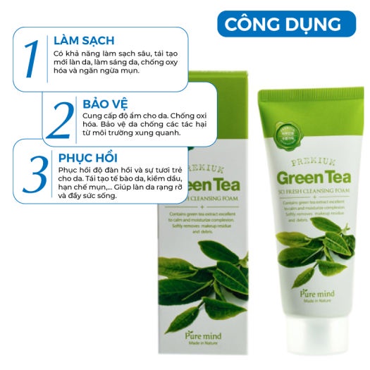 Sữa Rửa Mặt Trà Xanh Chống Oxy Hóa, Dùng Cho Da Dầu Mụn Puremind Green Tea Cleansing Foam 100ml&180ml