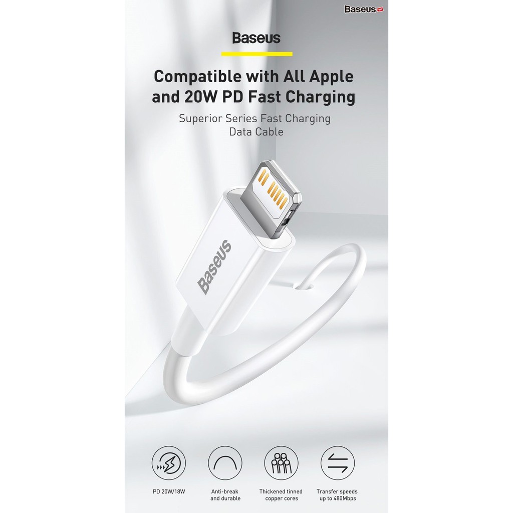 Cáp sạc Baseus Superior Series Type-C to Lightning sạc nhanh PD20W, Q.C 3.0 dành cho iPhone/iPad, data 480Mbps dài 1m/2m