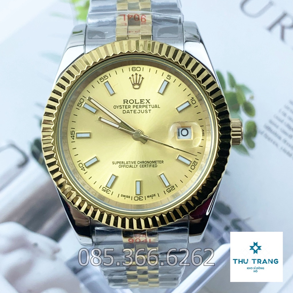 Đồng hồ Nam Rolex máy nhật, mẫu classic, mặt vàng viền vàng, dây kim loại, dòng cơ Automatic size 39mm-40mm
