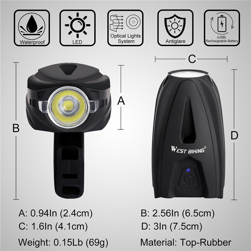 Đèn pin cảm ứng WEST BIKING gắn phía trước xe đạp leo núi gấp gọn