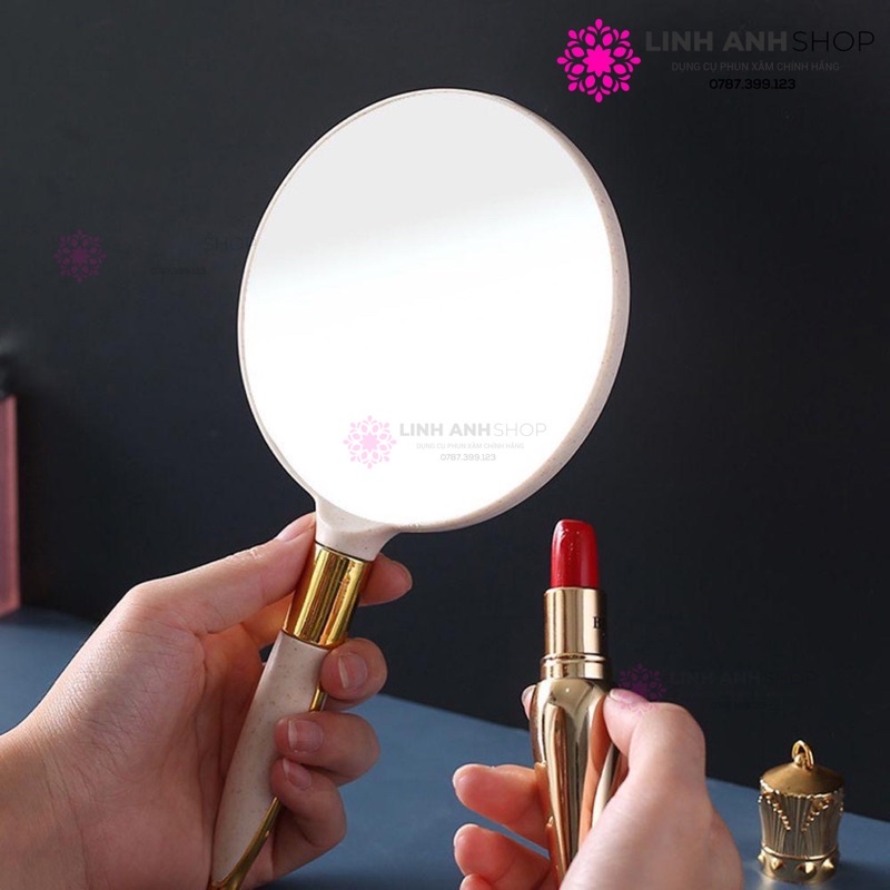Gương Cầm Tay Hàn Quốc Gương Vintage Dáng Tròn Mini Makeup Phun Xăm