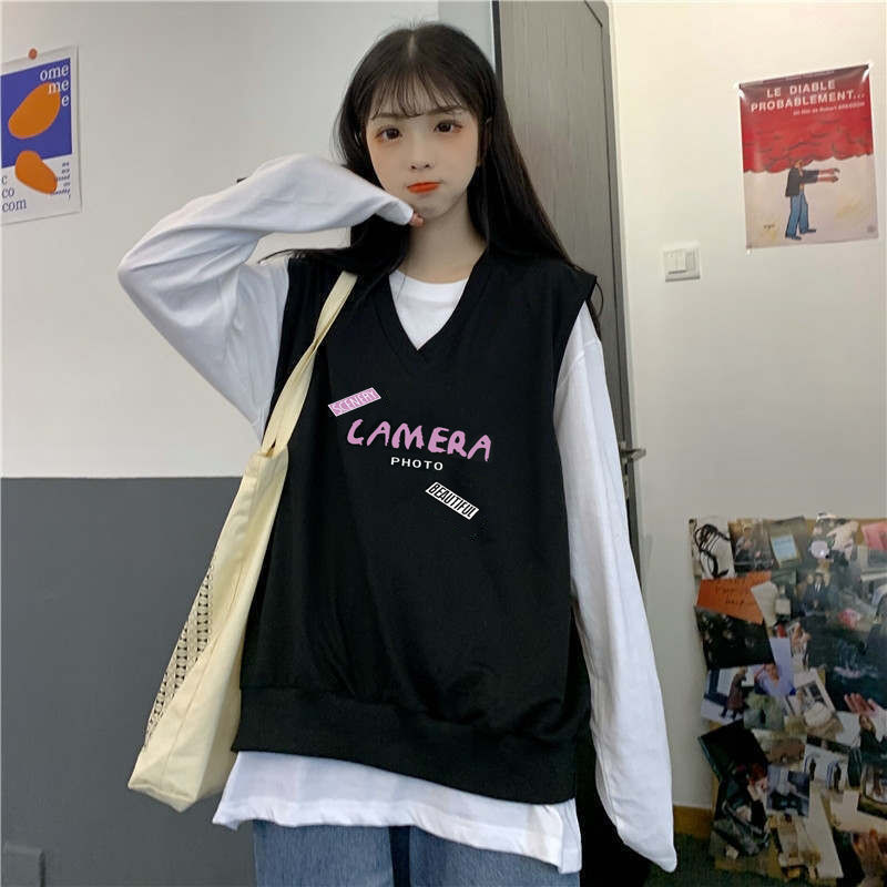 Áo Gile Jacket Women's Fashion Student Loose Korean V-neck Vest Women's Sleeveless Sweater Vest