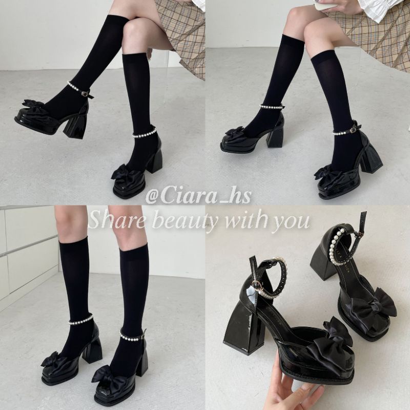 Giày cao gót Mary Jane đính nơ đế vuông dày đẹp cao 9cm