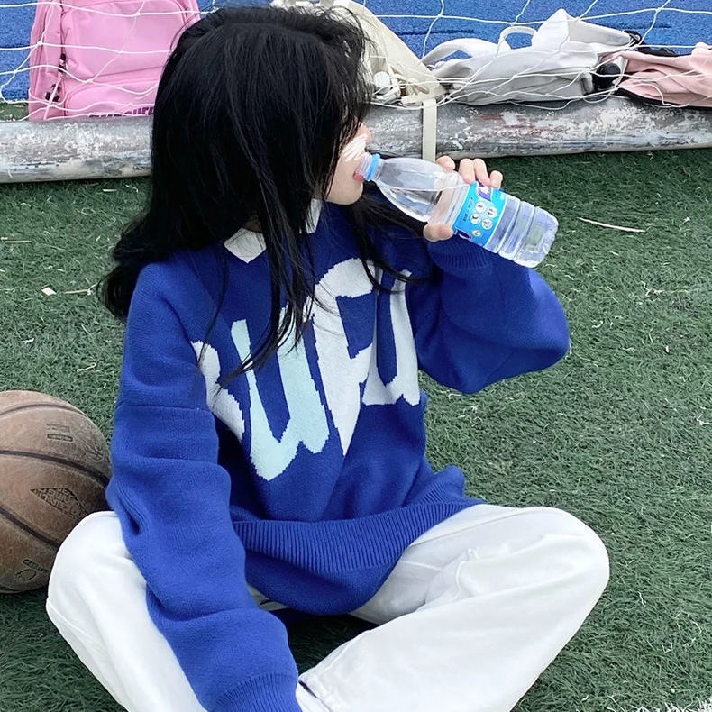 Áo Sweater dệt kim dày dặn dáng rộng in chữ màu xanh dương phong cách Hàn Quốc thời trang mùa đông cho nữ
