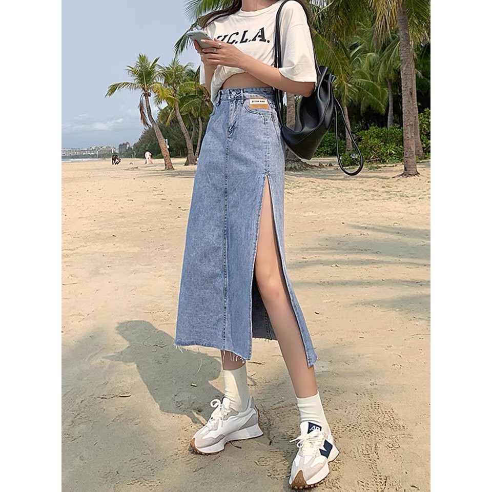 Chân Váy Bò Dài Xẻ Tà ,Váy Jeans Chữ A DENIM cạp cao