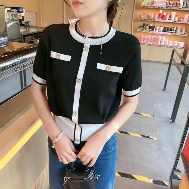 SUXI Áo Thun Dệt Kim Tay Ngắn Cổ Tròn Màu Sắc Tương Phản Phong Cách Vintage Dành Cho Nữ