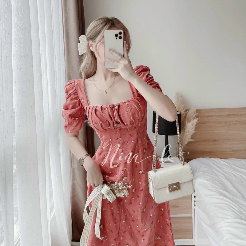 Đầm thời trang nữ mặc đi chơi chất lụa hoạ tiết hoa tay búp ngắn xếp ly ngực có mút 3 màu