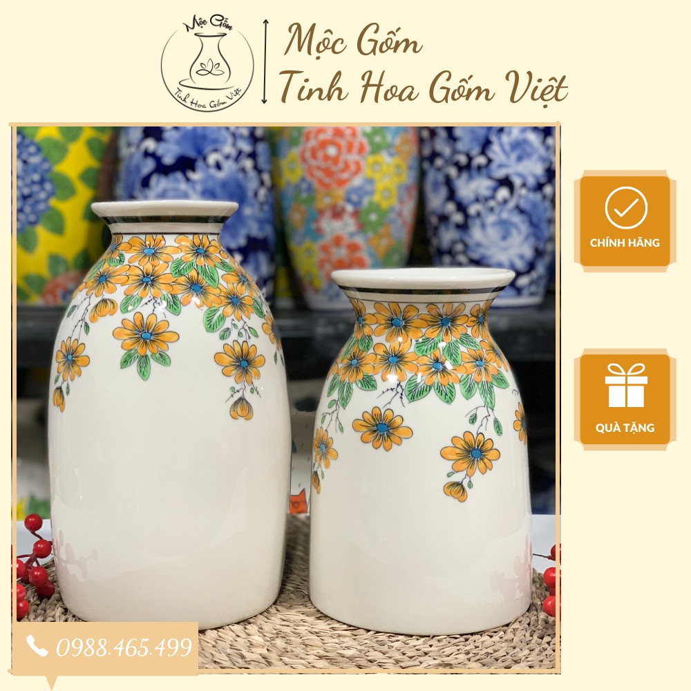 Lọ hoa sứ vẽ cúc vàng nhỏ Bát Tràng, Lọ cắm hoa trang trí phòng
